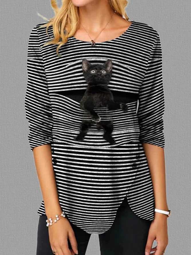 Damen lässige T-Shirt mit Katzenmotiv ModeGeist