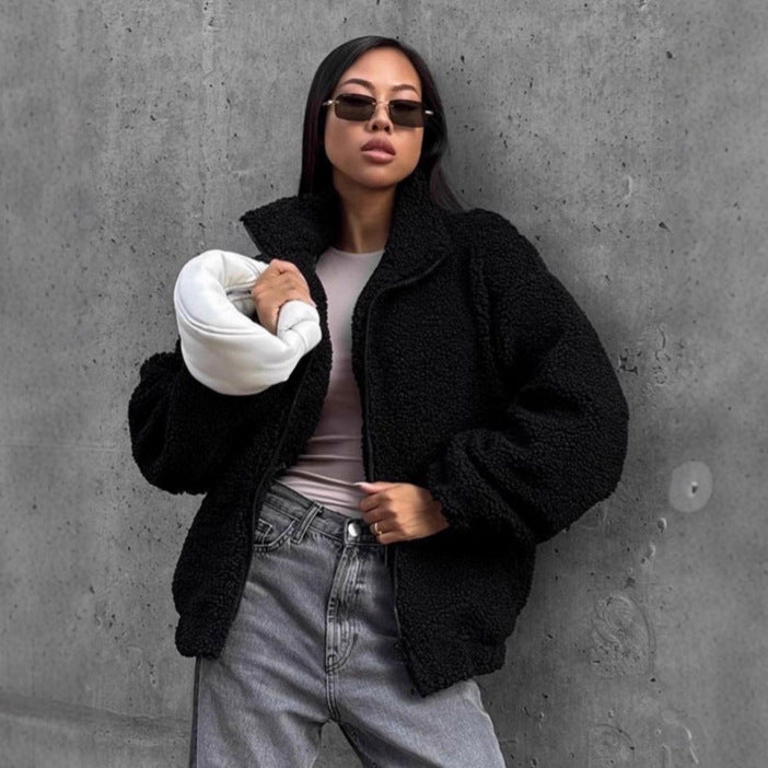 Damen Teddyjacke mit hohem Kragen und voluminösen Ärmeln ModeGeist