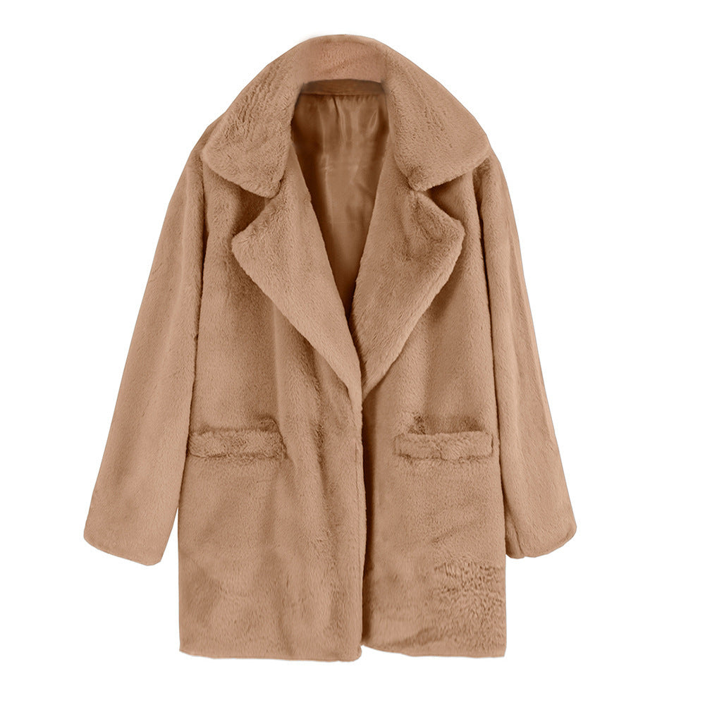 Damen Elegante Kunstfell-Jacke mit aufgesetzten Taschen und großem Revers ModeGeist
