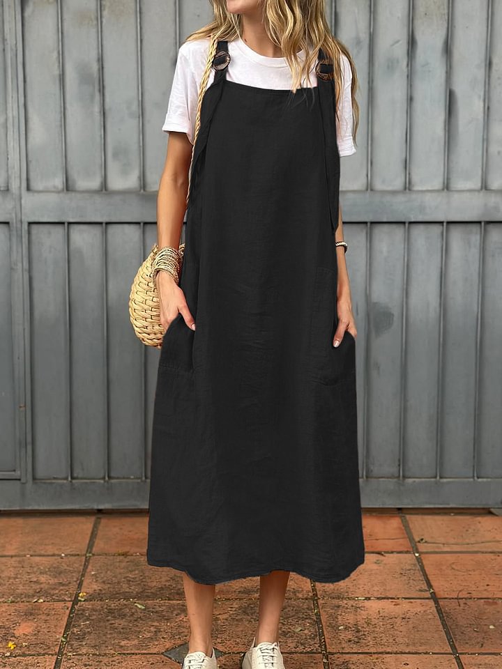 Damen lässiges Leinen-Trägerkleid mit praktischen Taschen ModeGeist
