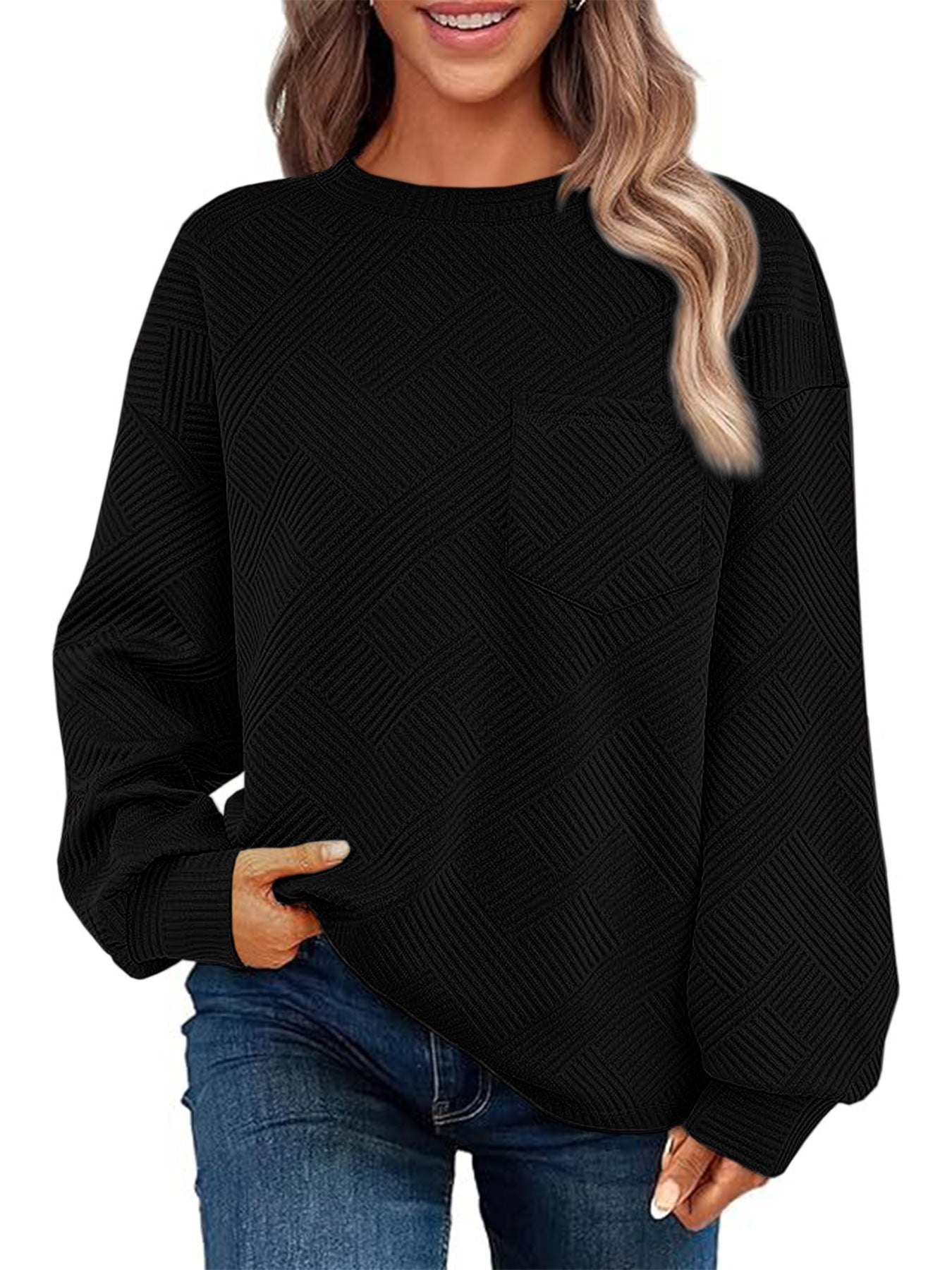 Damen Lässiger Pullover mit strukturiertem Muster und praktischen Taschen ModeGeist