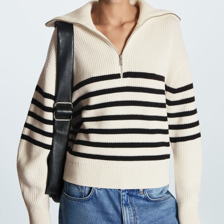 Damen modischer Strickpullover mit halbem Reißverschluss und gestreiftem Design ModeGeist