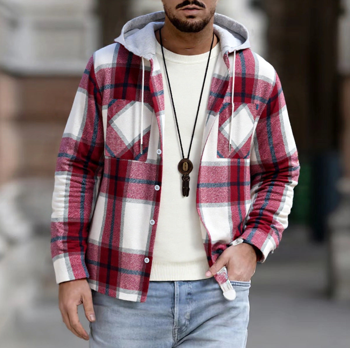 Herren Freizeitjacke mit Kapuze und Karomuster ModeGeist