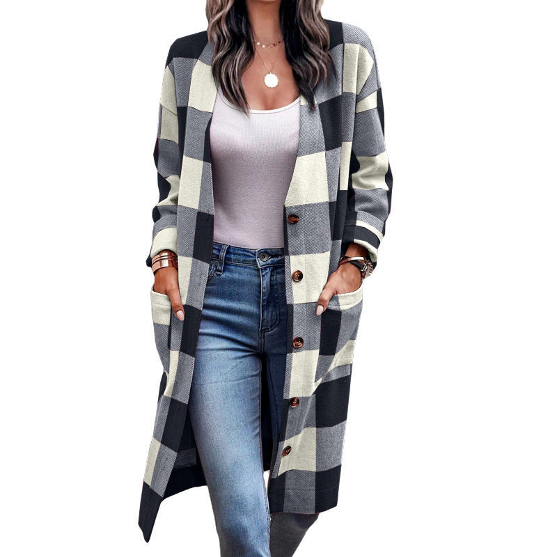 Damen Längerer Karokartenjacke mit Taschen ModeGeist