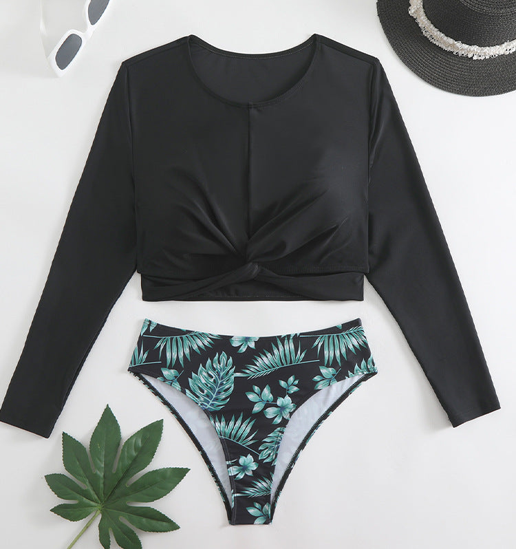 Modegeister Damen Bikini mit langärmeligem Crop Top und Blumen-High-Waist-Hose