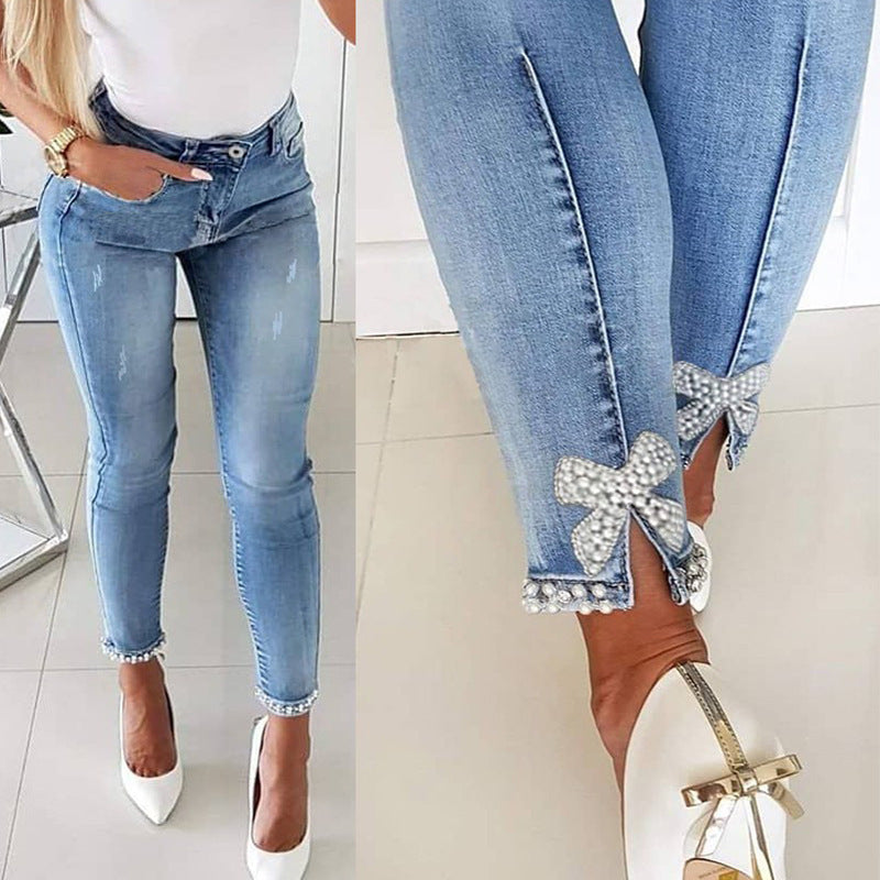 Damen Skinny Jeans mit Perlen- und Schleifendetails ModeGeist