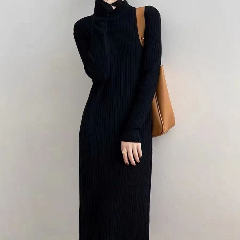 Damen Strickkleid mit hohem Kragen und Rippenstruktur ModeGeist