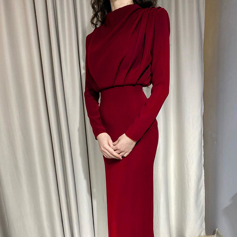 Damen Bodenkontakt Kleid mit elegantem Stehkragen und Raffungen ModeGeist