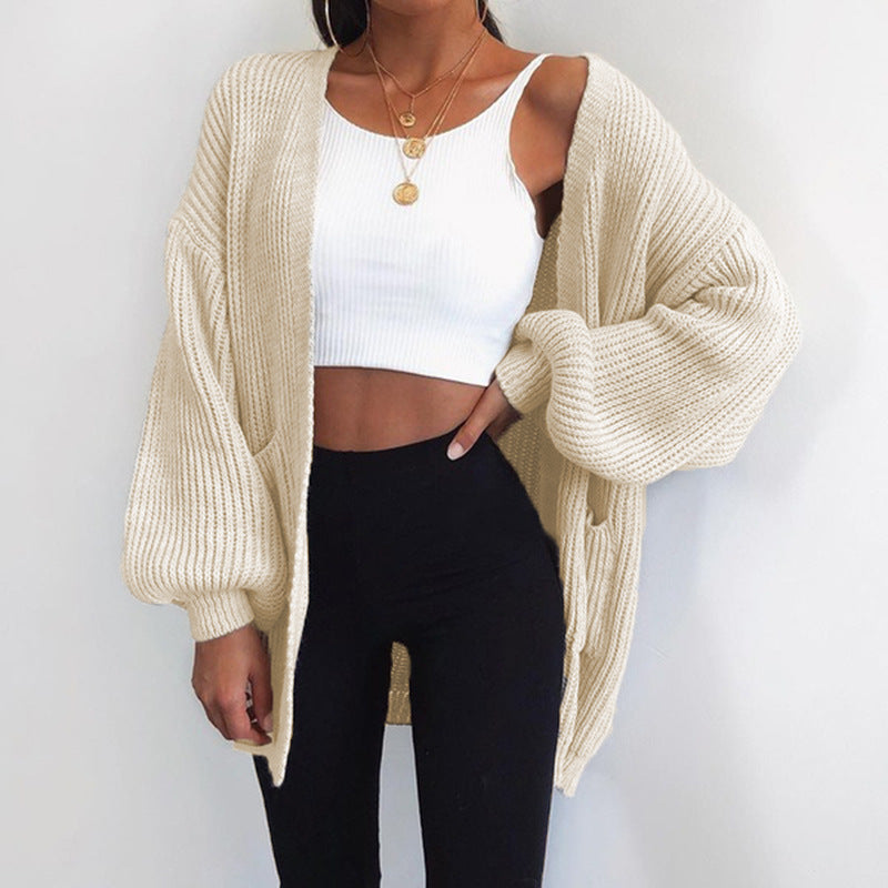 Damen Grobstrick-Cardigan mit weitem Schnitt und lässigen Puffärmeln ModeGeist
