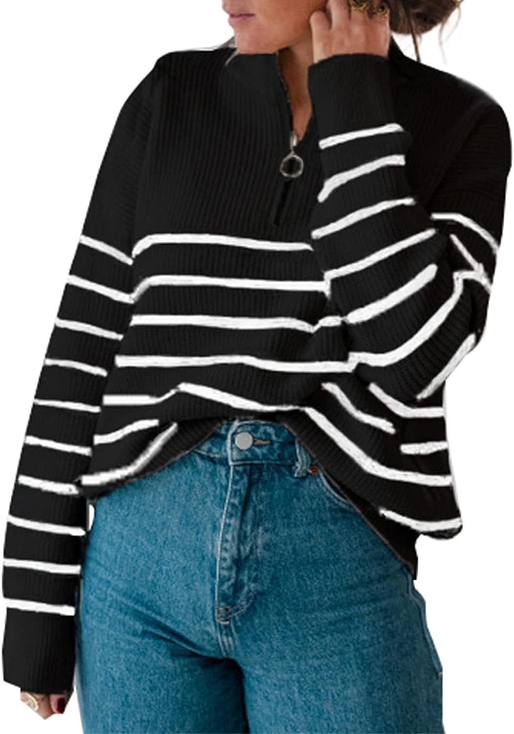 Damen lässiger Pullover mit kurzem Reißverschluss und Streifenmuster ModeGeist