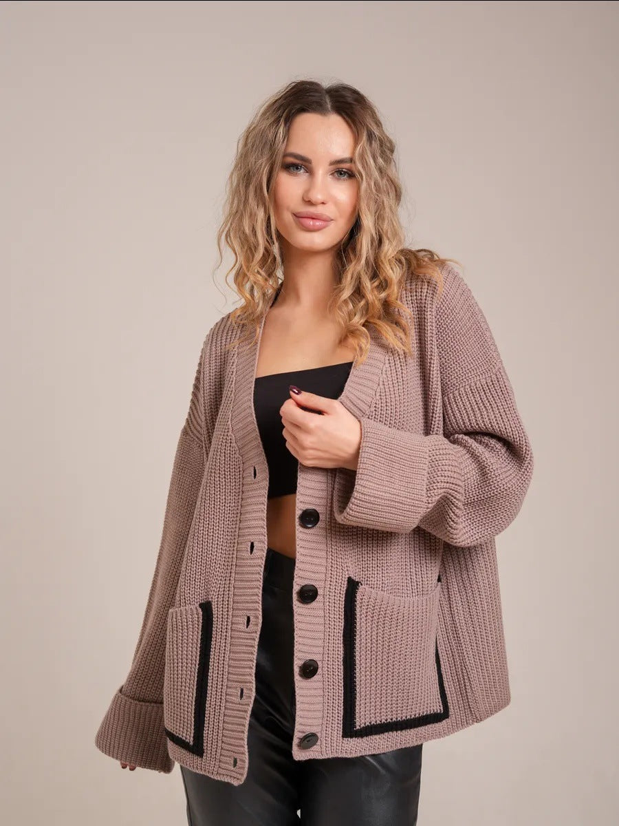 Damen Strickjacke mit großem Kragen und Taschen ModeGeist