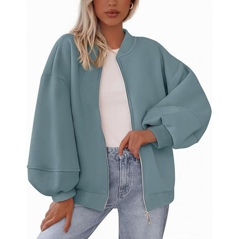 Damen lässige Oversized-Jacke mit Reißverschluss und ballonen Ärmeln ModeGeist
