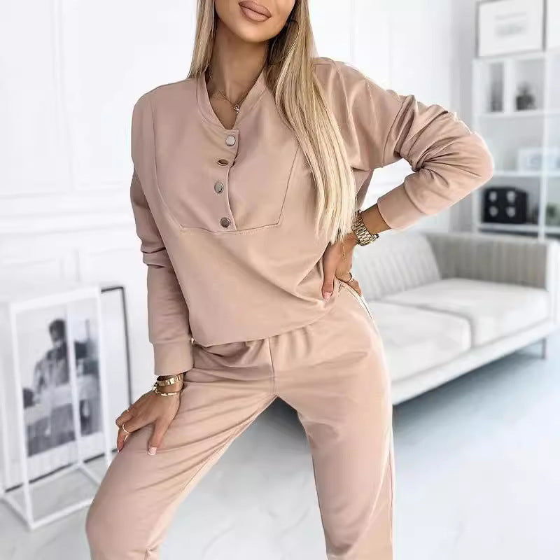 Damen Freizeitanzug mit modischen Knopfdetails und elastischem Bund ModeGeist