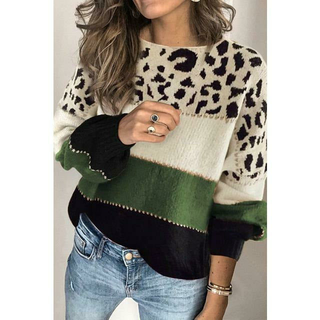 ModeGeist | Pullover - Damen Herbst Leopard Patchwork Strickpullover
