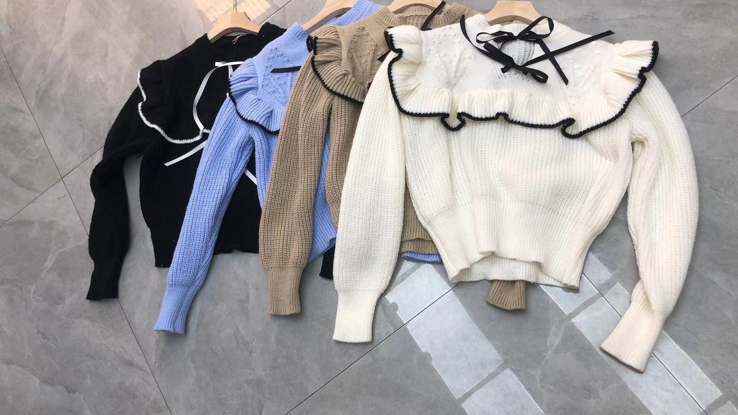 Damen Strickpullover mit eleganter Rüsche und Kapuze ModeGeist