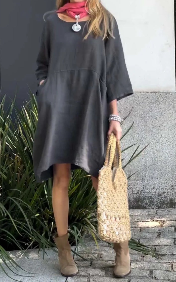 Damen lässiges Leinenkleid mit praktischen Taschen und asymmetrischem Saum ModeGeist