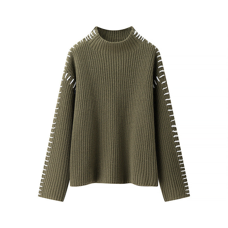 Damen Grobstrickpullover mit hohem Kragen und dekorativen Details ModeGeist