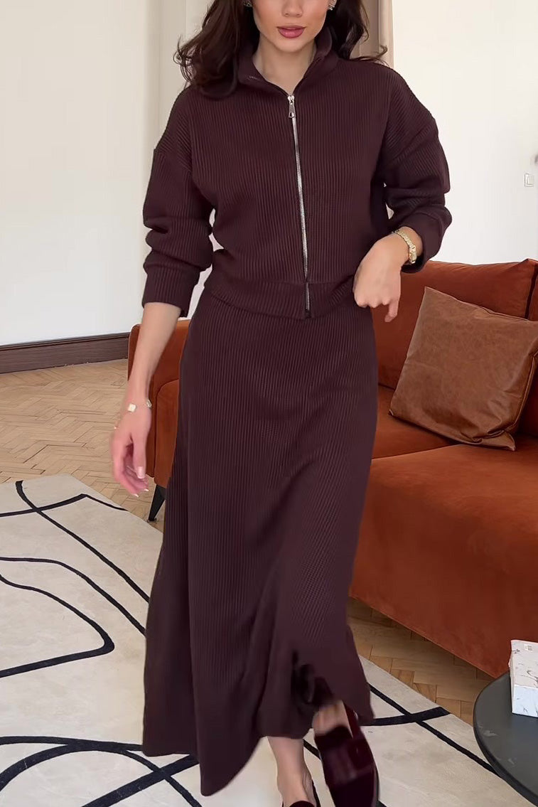 ModeGeist | Strickkragen Reißverschluss Top und Maxiröcke Zweiteiler Satz