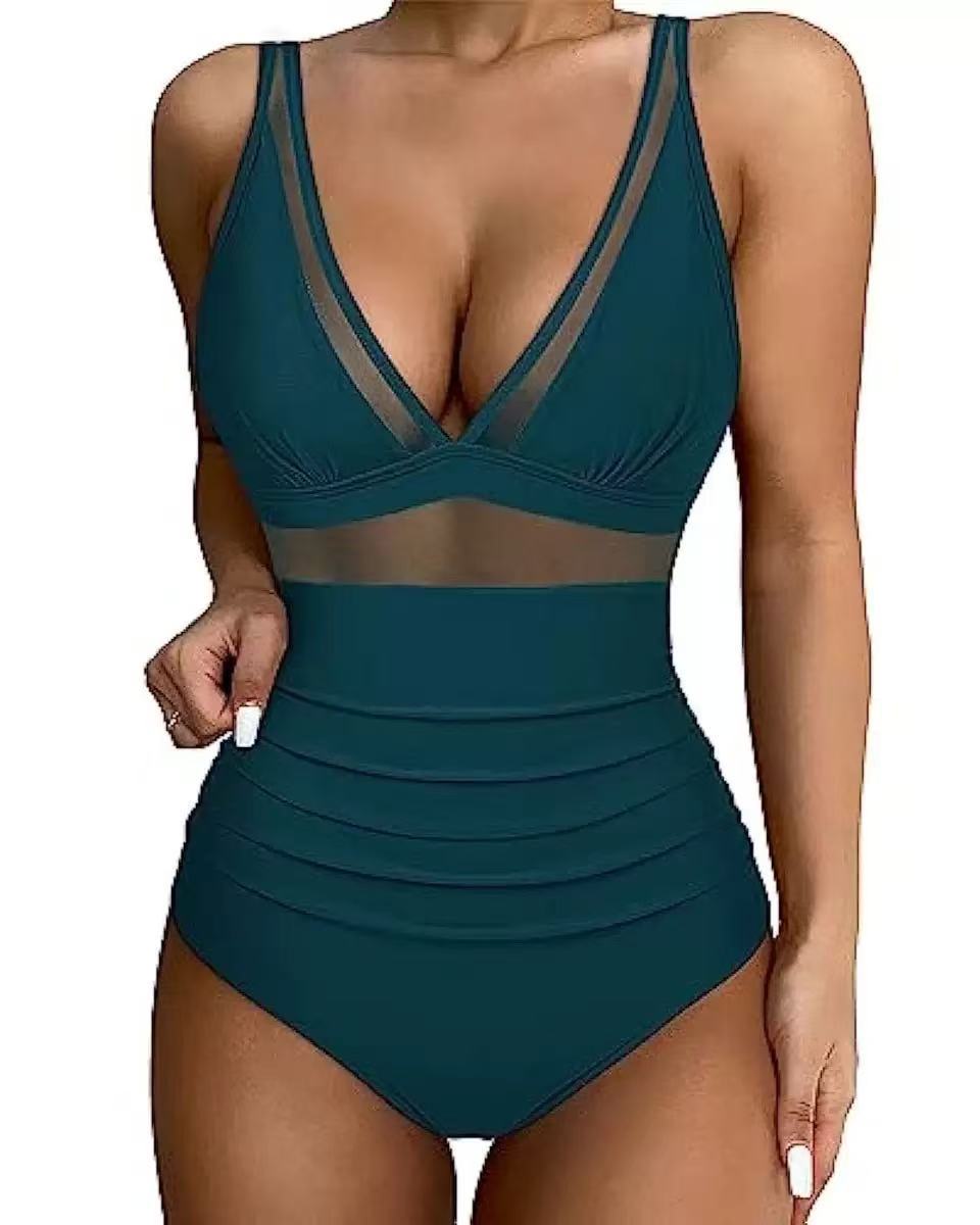 Modischer Damen-Bikini mit hohem Bund, Mesh-Einsätzen und tiefem Ausschnitt