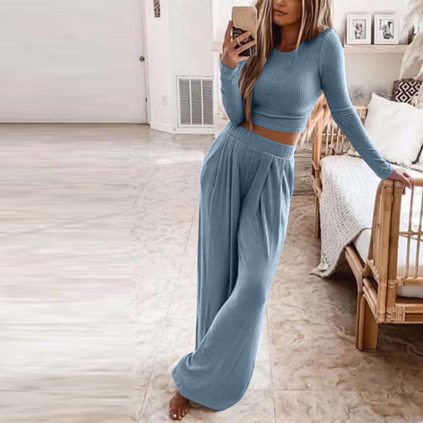 Damen Elegantes Lounge-Set mit langärmeligem Oberteil und weiten Hosen ModeGeist