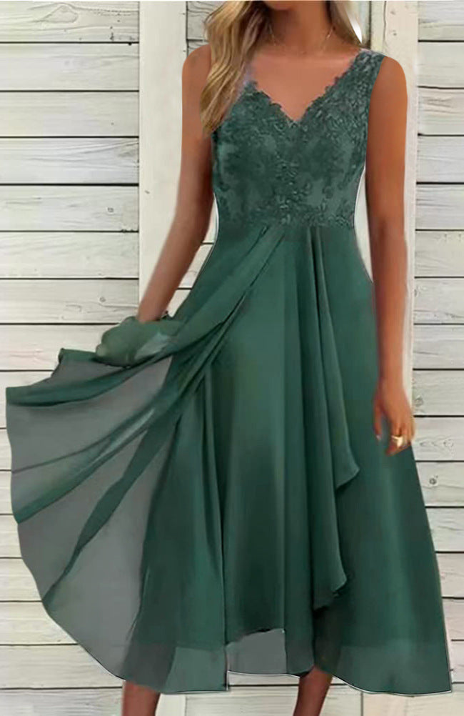 Modisches Damen-A-Linienkleid mit Spitze und Chiffon-Rüschen