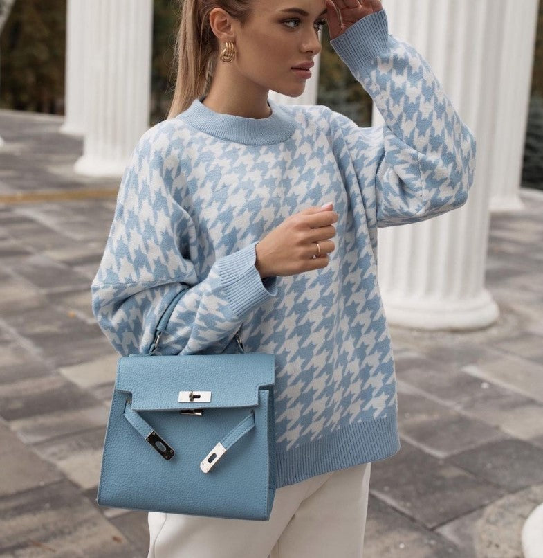 Damen Grobstrickpullover mit modernem Hahnentrittmuster und lässigem Schnitt ModeGeist