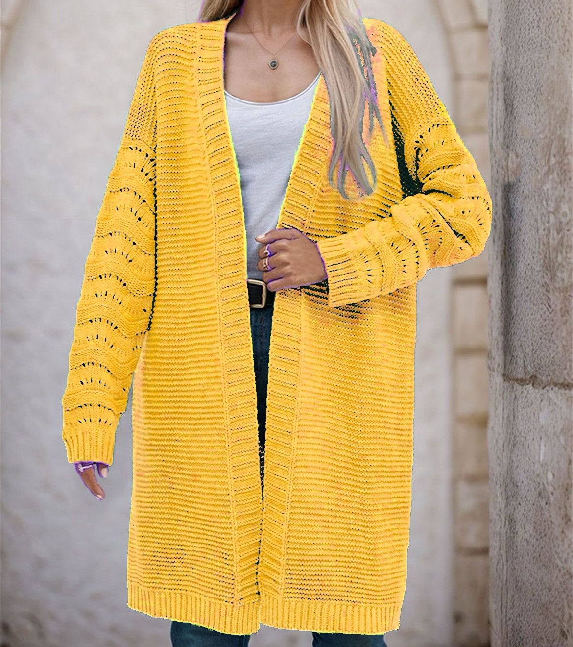 Damen Langer Strickcardigan mit luftiger Maschenstruktur und offener Front ModeGeist