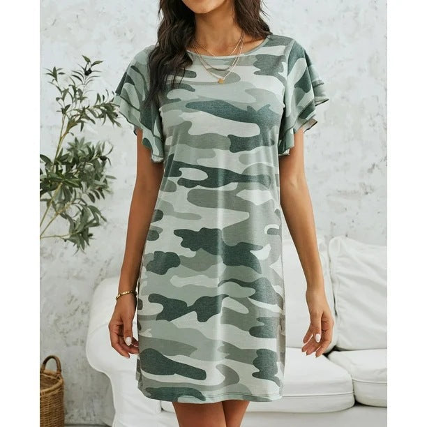 Damen Freizeitkleid mit Rüschendetails und Camouflage-Design ModeGeist