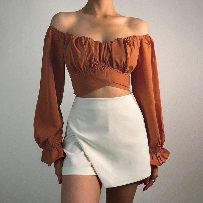 Damen Off-Shoulder Bluse mit Raffung und langen Ärmeln ModeGeist
