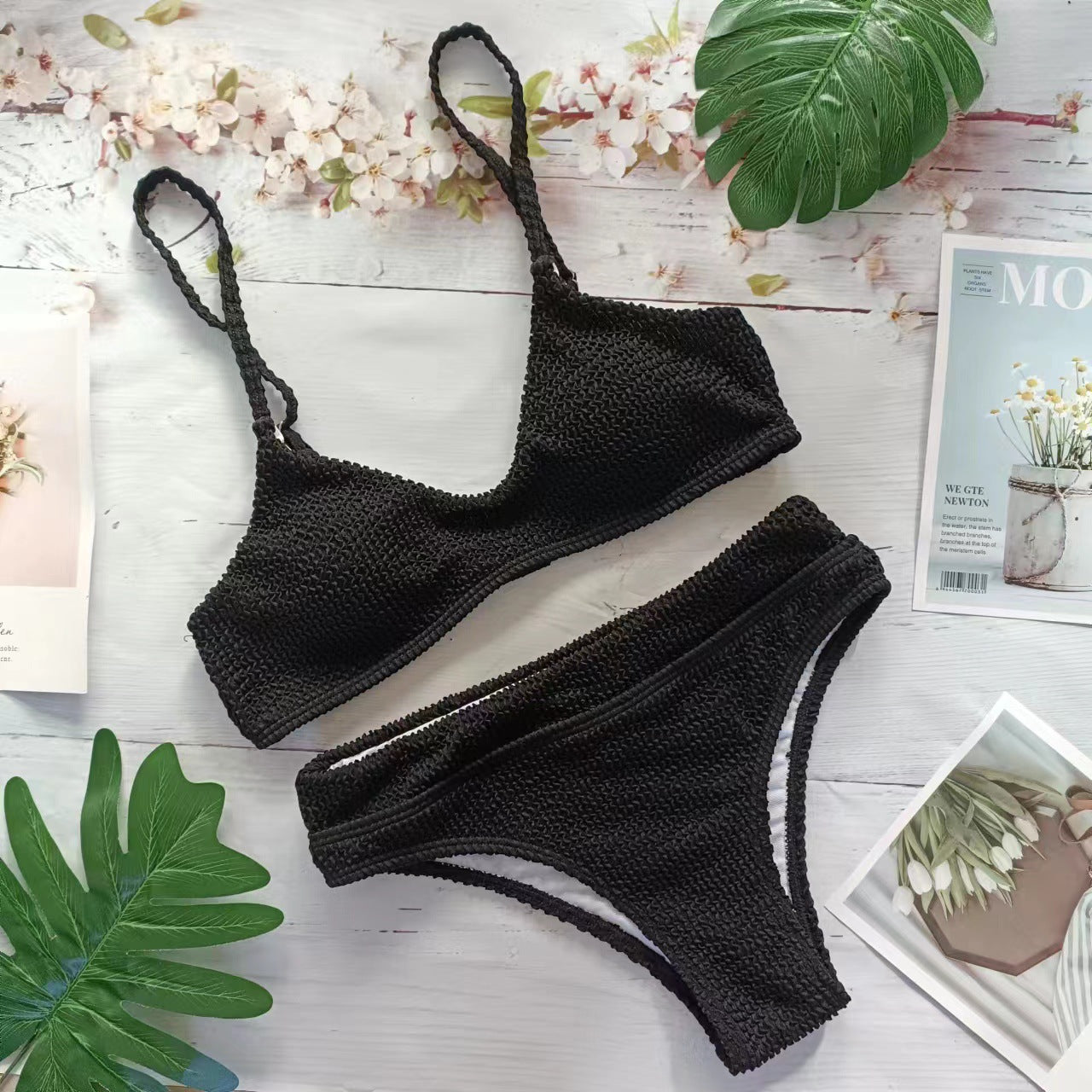 MODEGEIST Women's Textured Bralette Bikini Set