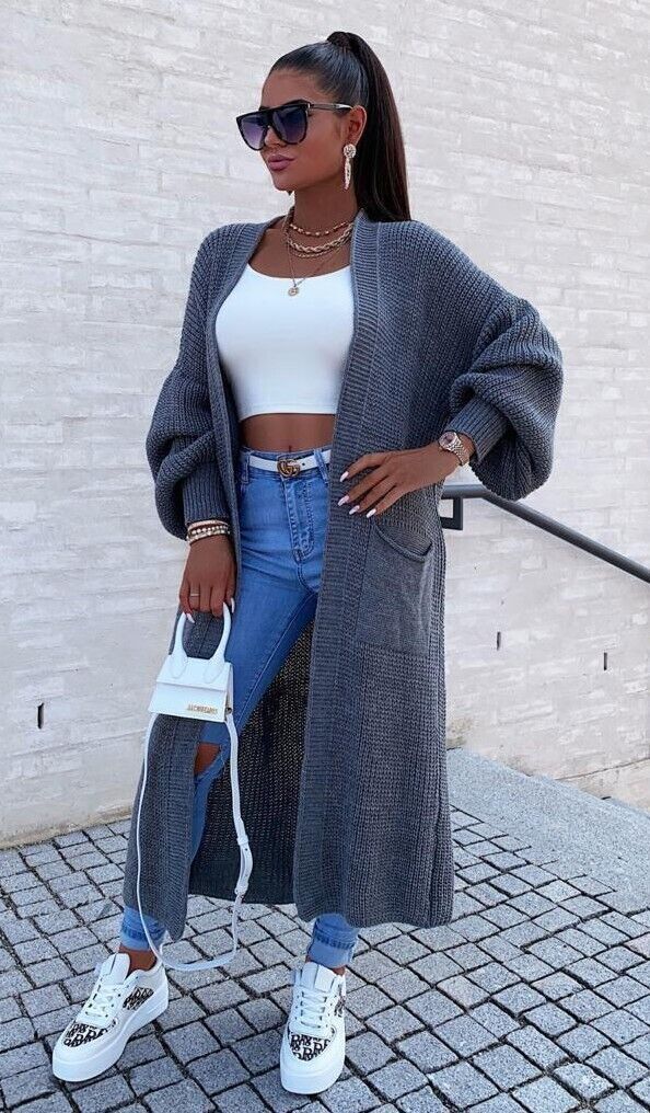 Damen Langstrickjacke mit grober Maschenstruktur und praktischen Taschen ModeGeist