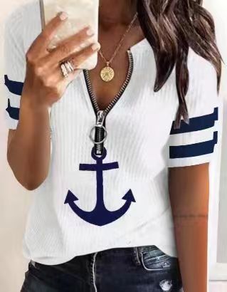 Damen maritim inspirierter Kurzarm Pullover mit Reißverschluss und Anker-Motiv ModeGeist
