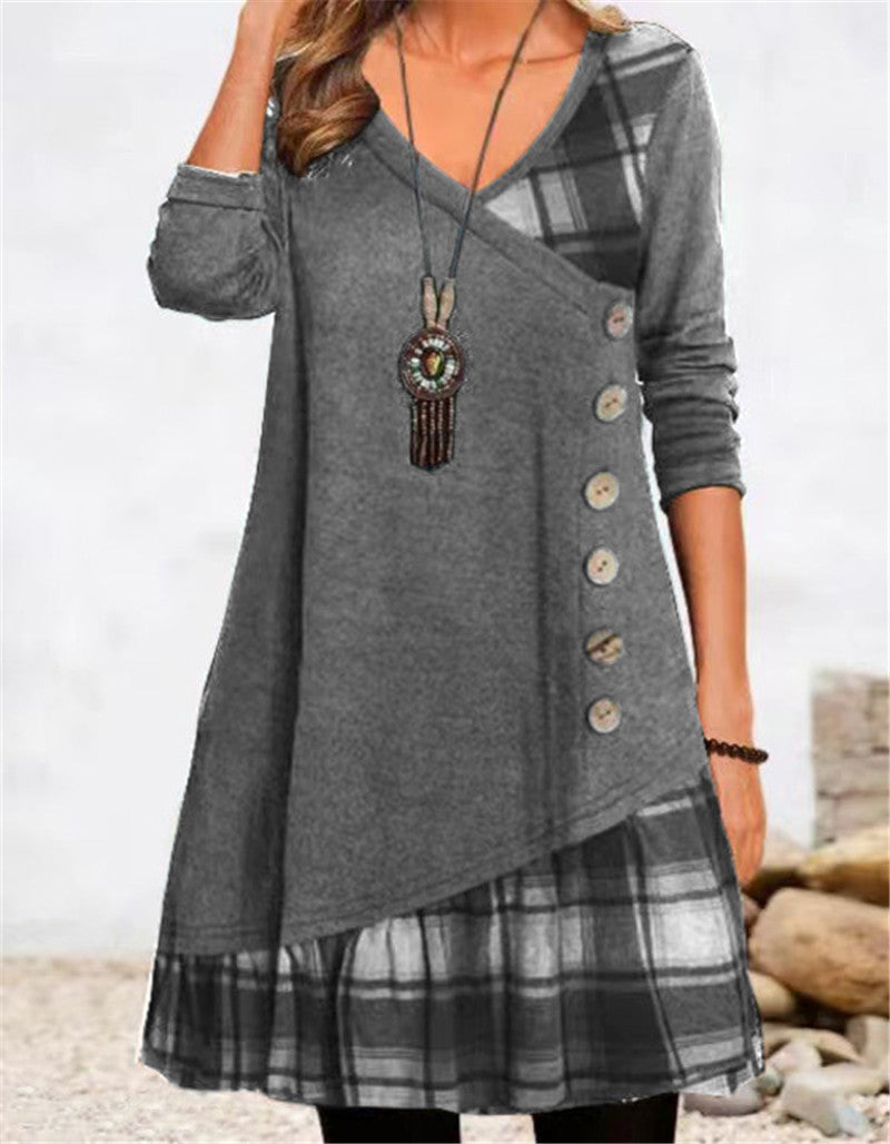 Damen asymmetrisches Freizeitkleid mit kariertem Saum und Knopfdetail ModeGeist