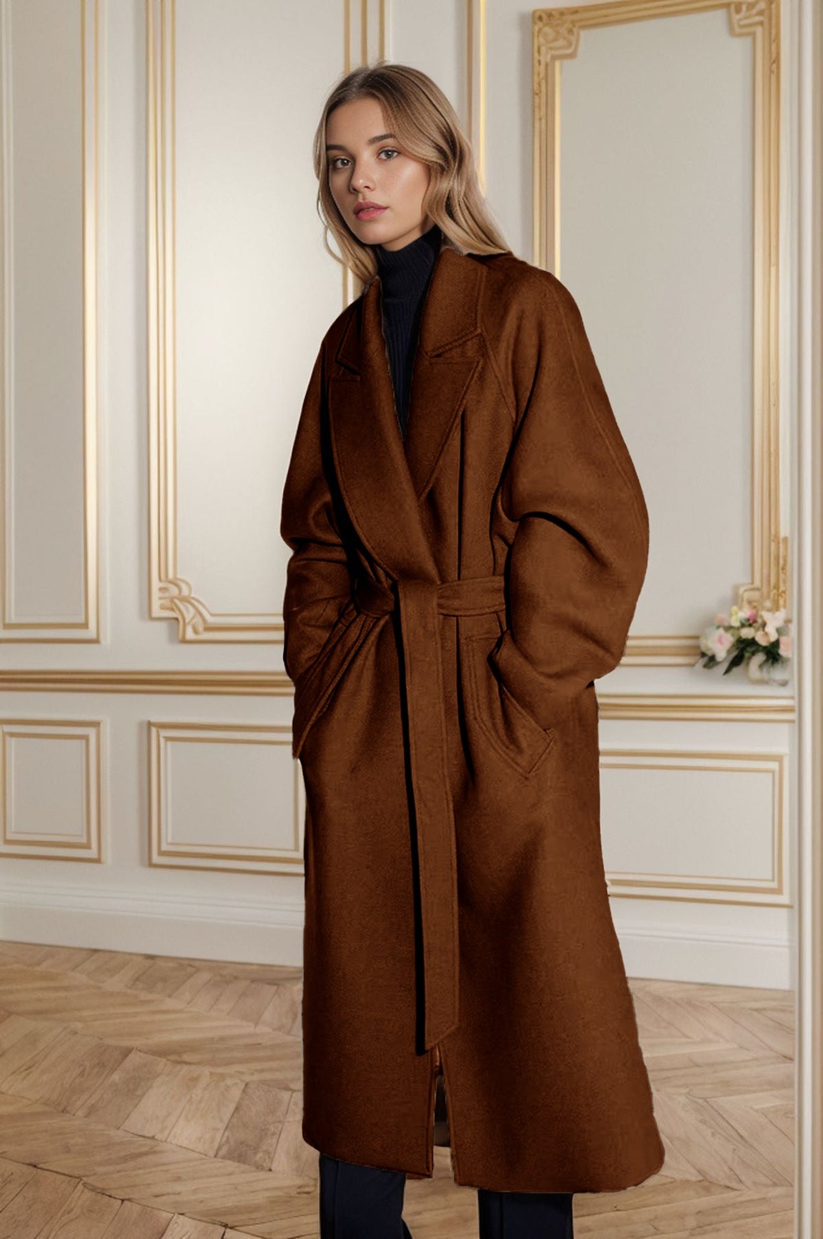 Damen stilvoller mantel mit breitem Kragen und Taillengürtel ModeGeist