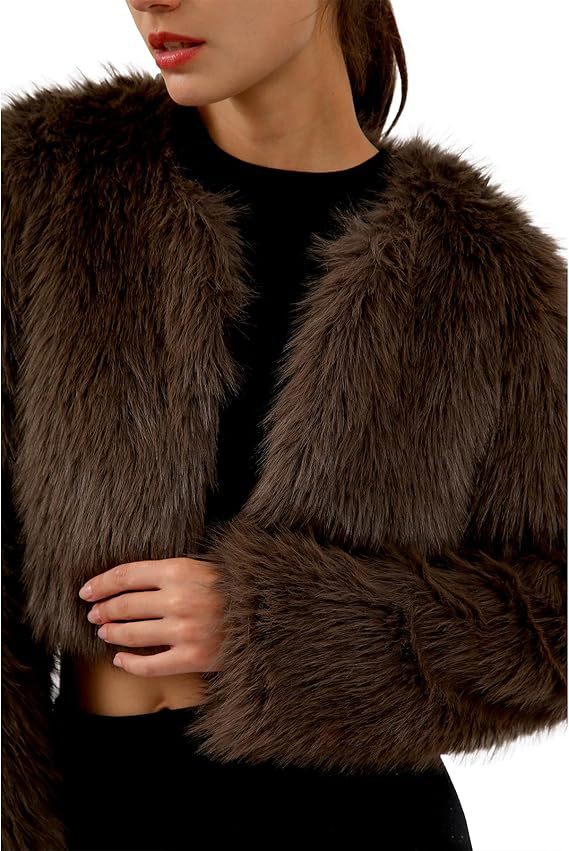 Damen Kurze glamouröse Kunstfelljacke mit lockeren Ärmeln ModeGeist