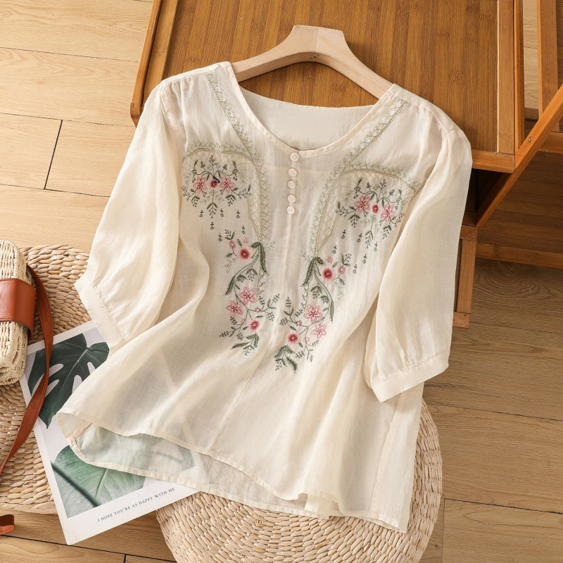 MODEGEIST Damen Bluse Blumenstickerei Entspannte Passform Leicht