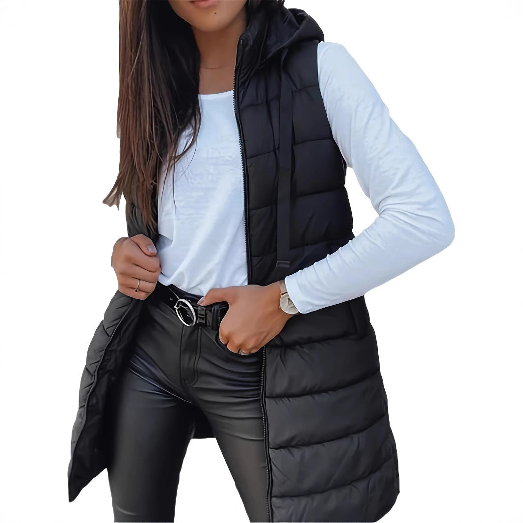 Damen Stylische gesteppte Weste mit Kapuze und langen Schnitt ModeGeist