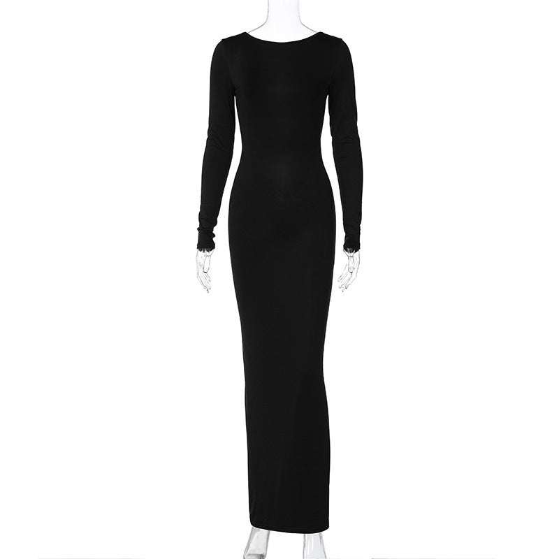 Elegantes, figurbetontes Maxikleid mit langem Arm, Rundhalsausschnitt und schmalem Schnitt von MODEGEIST