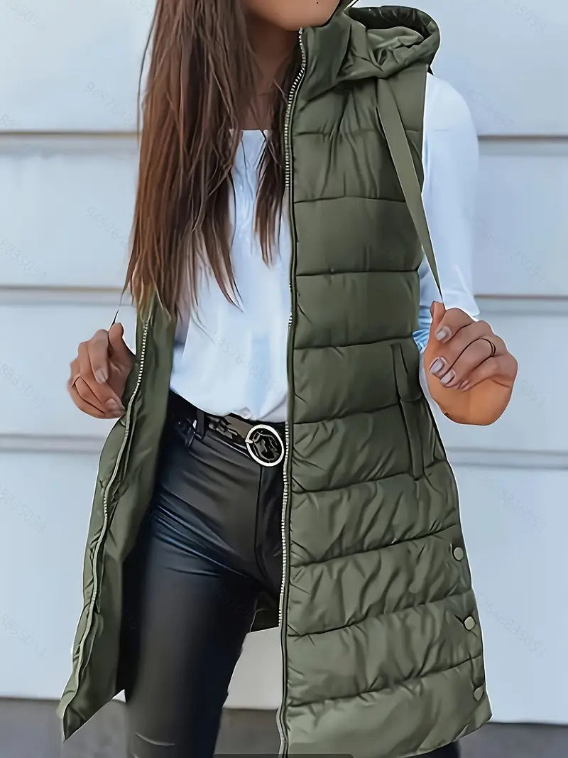 Damen Stylische gesteppte Weste mit Kapuze und langen Schnitt ModeGeist