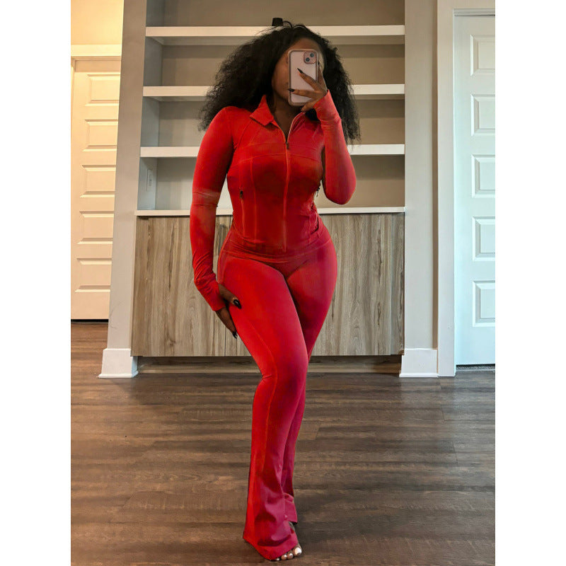Damen figurbetonender Jumpsuit mit Hochkragen und durchgehendem Reißverschluss ModeGeist