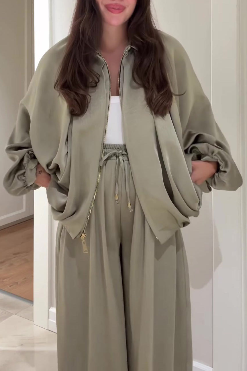 ModeGeist | Reißverschlussjacke und Elastische Bund Weit Geschnittene Hose Zweiteiler Satz