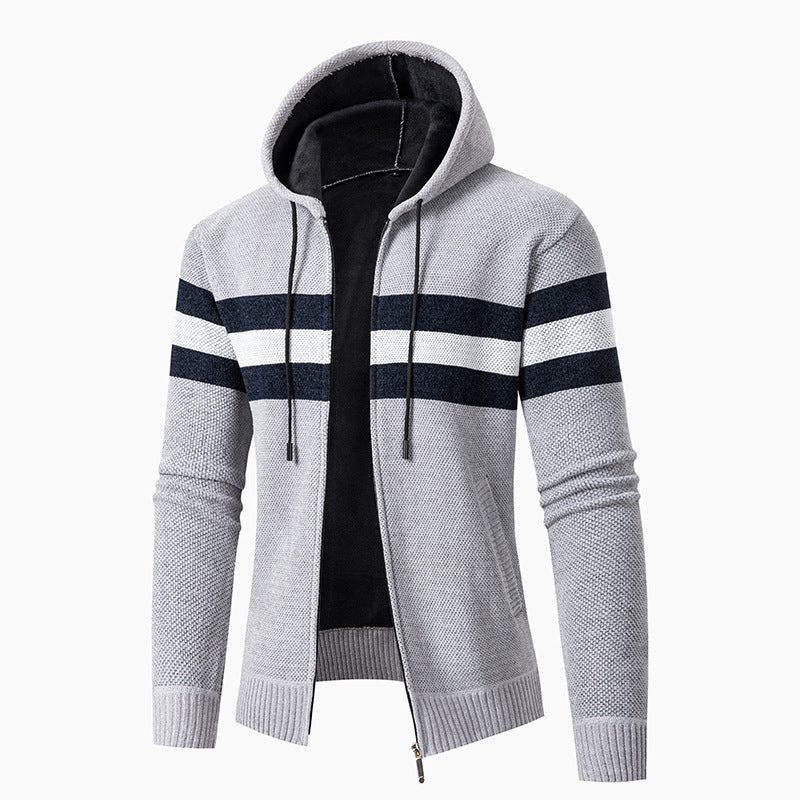 Herren lässiger Strickjacke mit Kapuze und Kontraststreifen ModeGeist