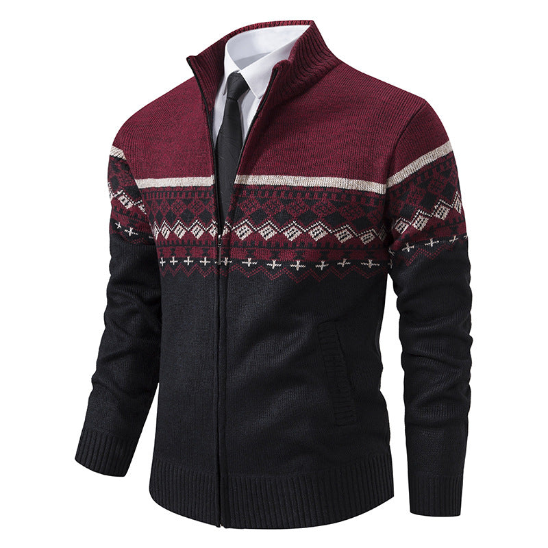 Herren Strickjacke mit Stehkragen und Norweger-Muster ModeGeist