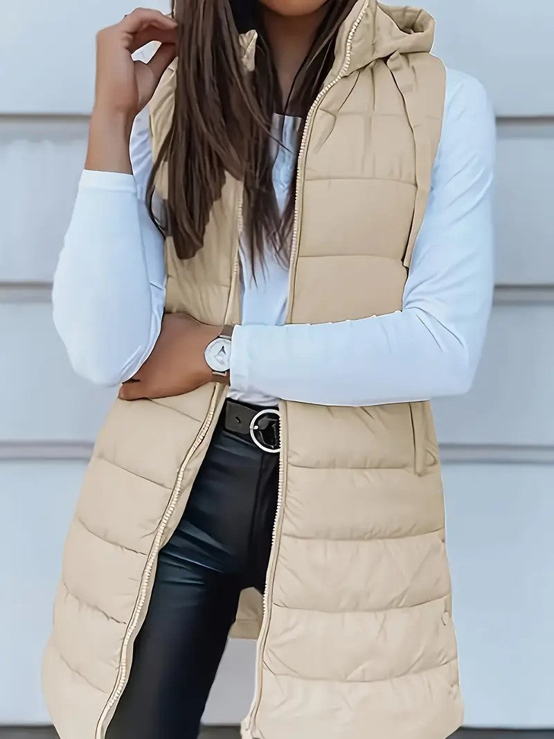 Damen Stylische gesteppte Weste mit Kapuze und langen Schnitt ModeGeist