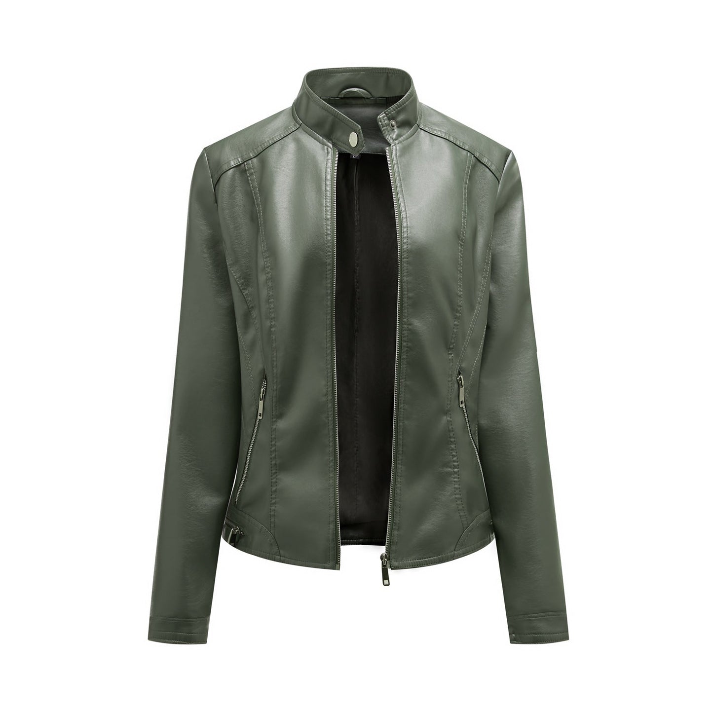 Damen modische Kunstlederjacke mit elegantem Stehkragen und praktischen Reißverschlusstaschen ModeGeist
