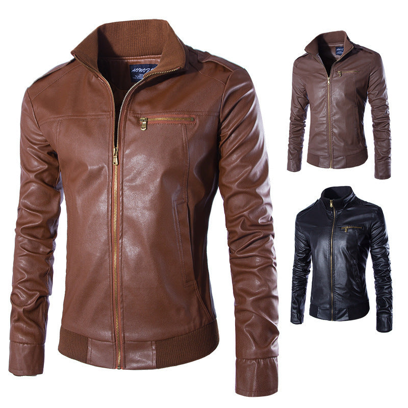 Herren modische Kunstlederjacke mit Reißverschluss und festem Kragen ModeGeist