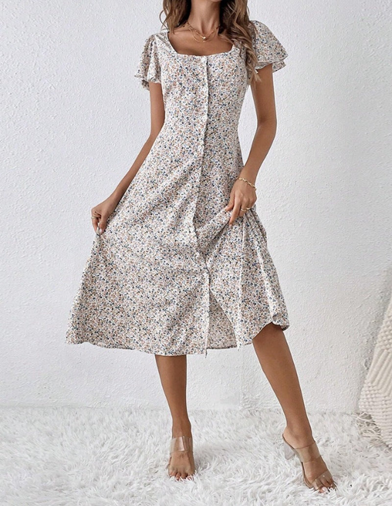 Kurzärmliges Damen-Blumenkleid mit Knopfleiste von MODEGEIST