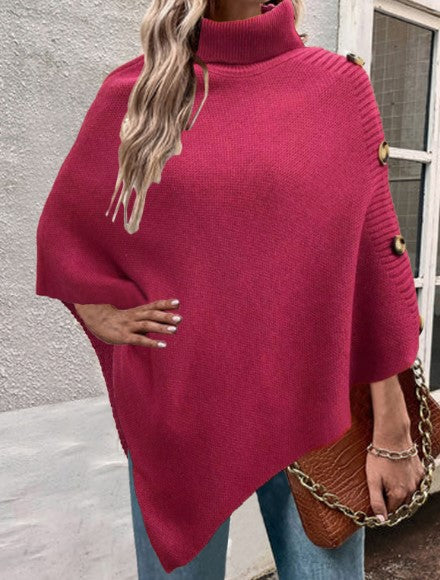 Damen Strick-Poncho mit hohem Kragen und Knopfdetails ModeGeist