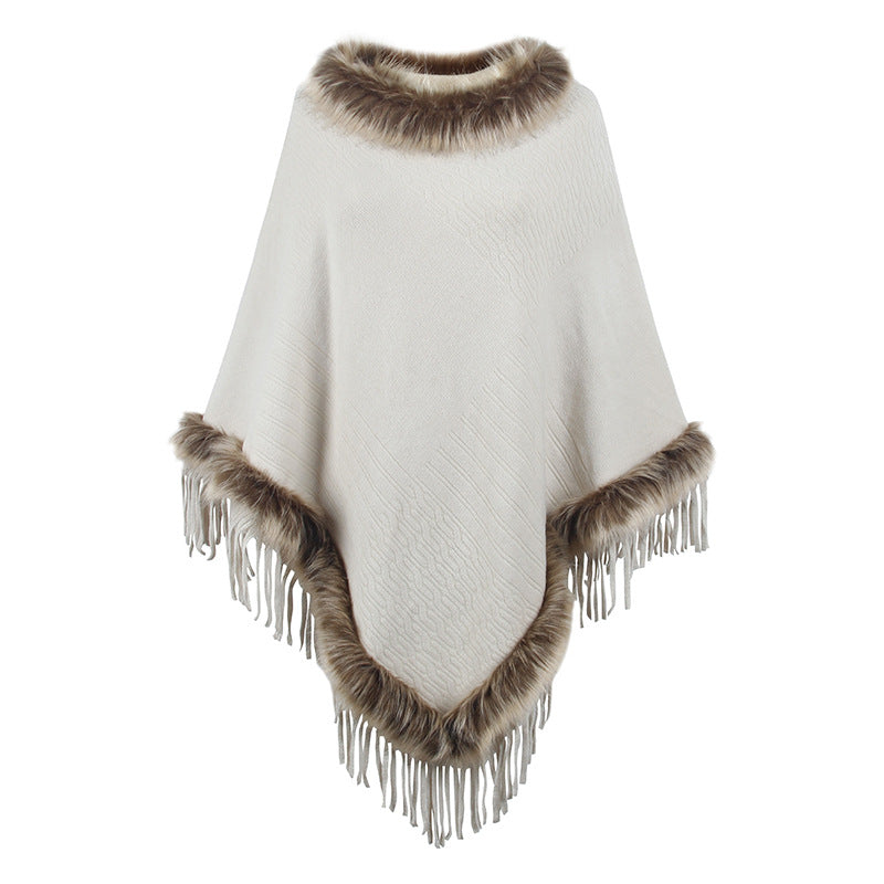 Damen eleganter Poncho mit luxuriösem Kunstfellkragen und dekadenten Fransen ModeGeist