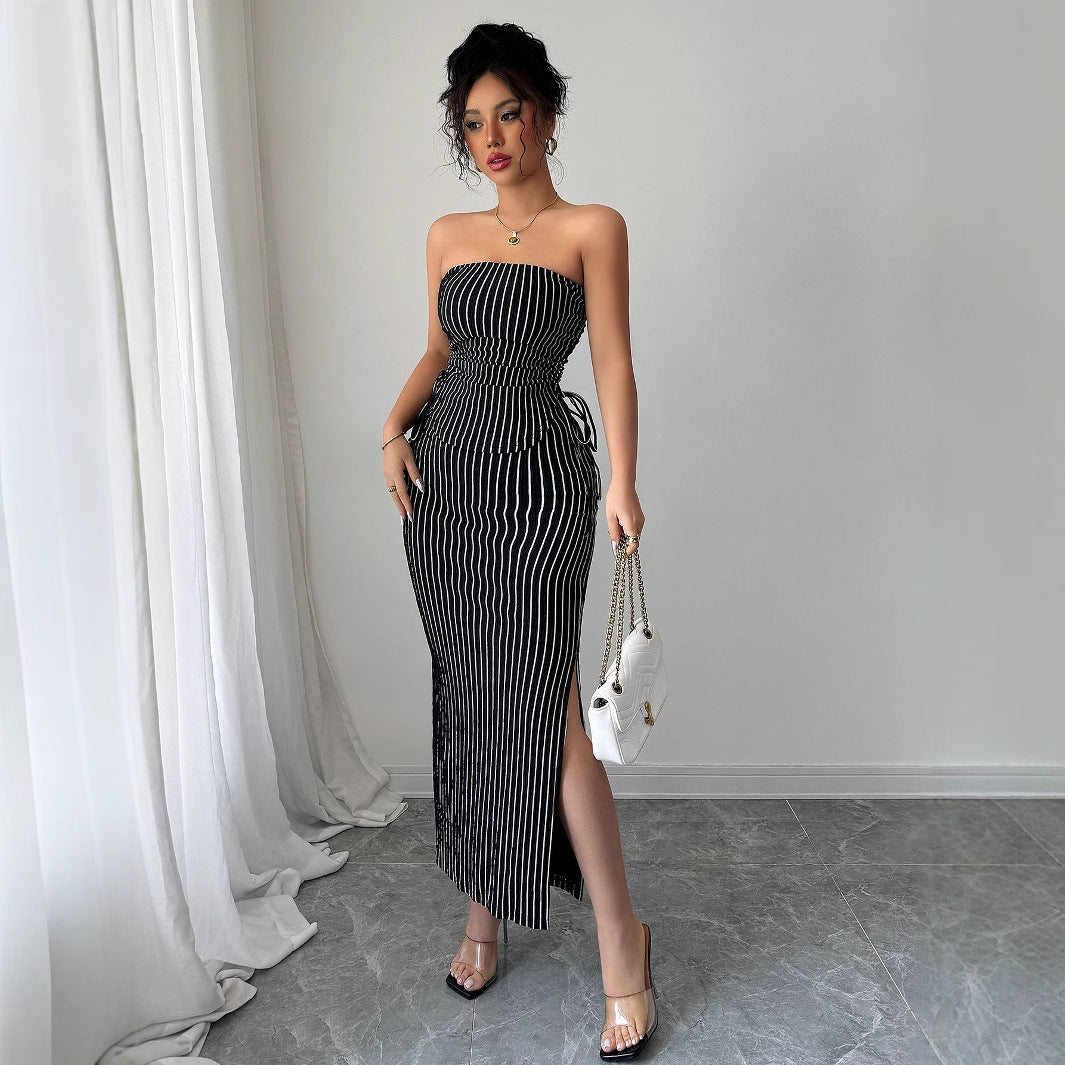 Geripptes Damen-Maxikleid mit Seitensplit, MODEGEIST